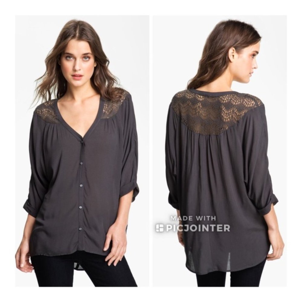 Ella Moss Celeste Lace Shoulder Cape Blouse XS Gray Button Down